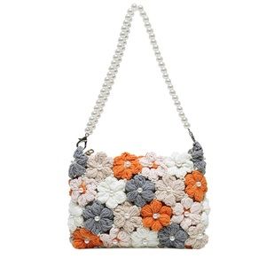Women‘s Hand-knitted Cotton Bags Wool Crochet Bag Flower and Pearl Shoulder Bag